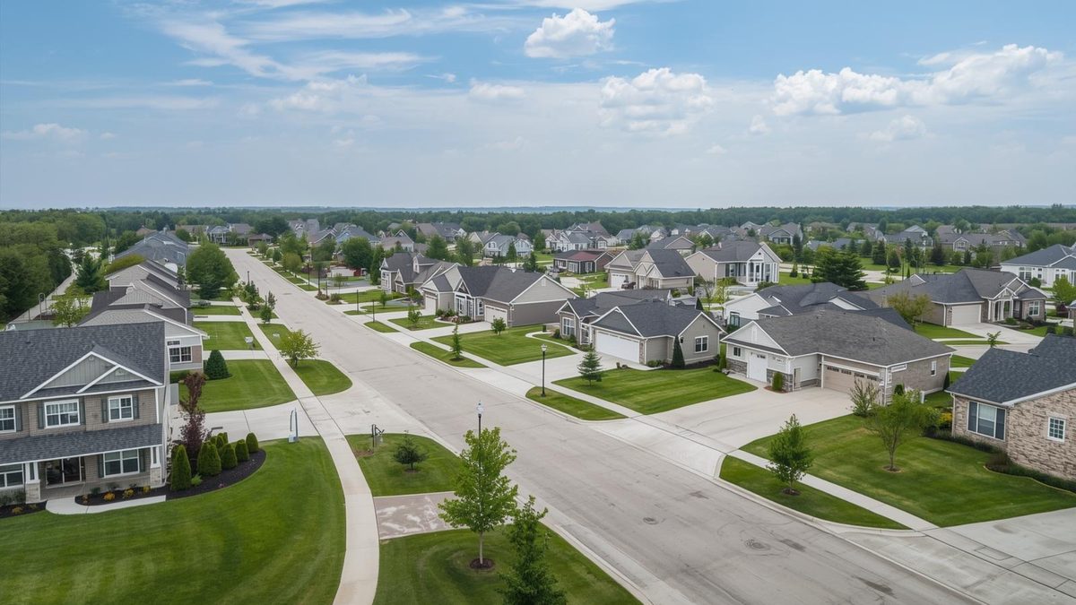 Aerial view of Grimes Iowa neighborhood showing spacious lots and family homes with large lawns