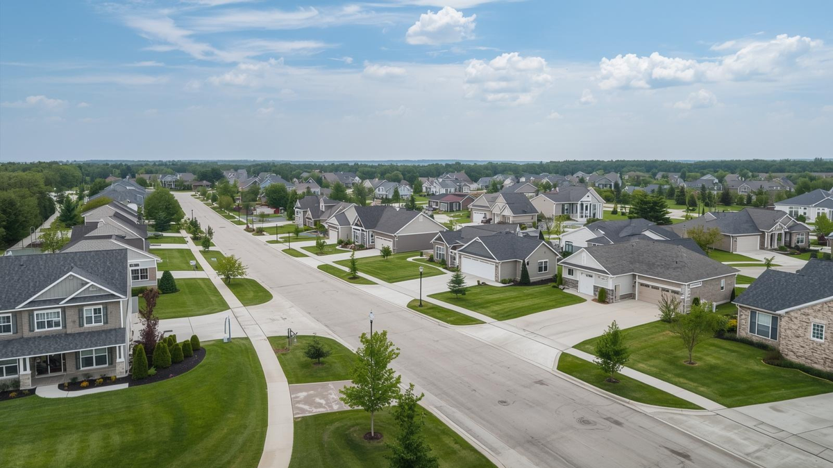 Aerial view of Grimes Iowa neighborhood showing spacious lots and family homes with large lawns