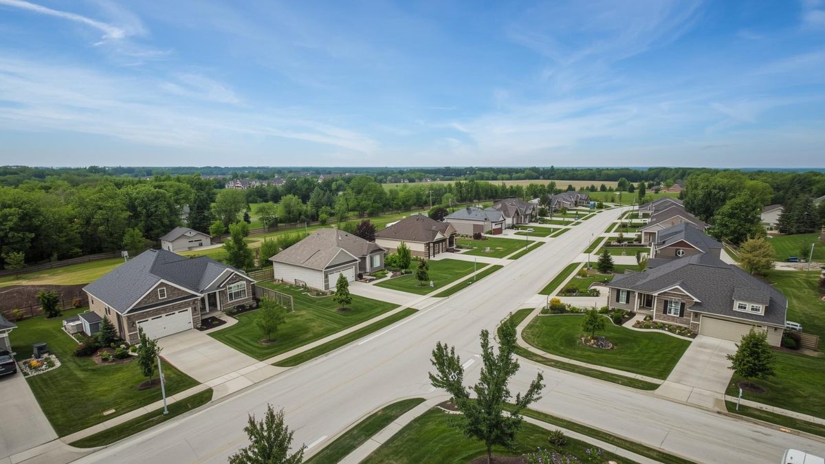 Aerial view of beautiful Grimes Iowa neighborhood with family homes and manicured lawns