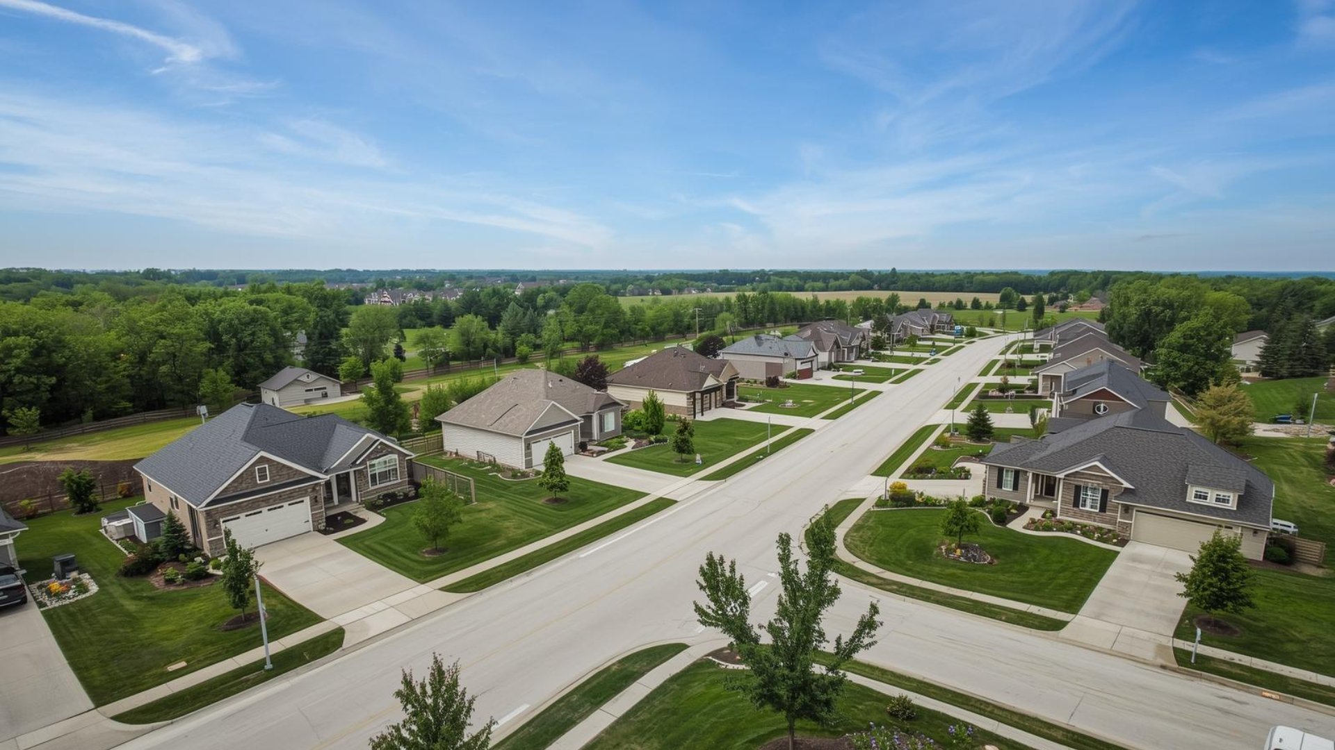 Modern Clive Iowa neighborhood street with contemporary homes, manicured lawns, and mature trees - typical corporate corridor suburban living in the Des Moines metro