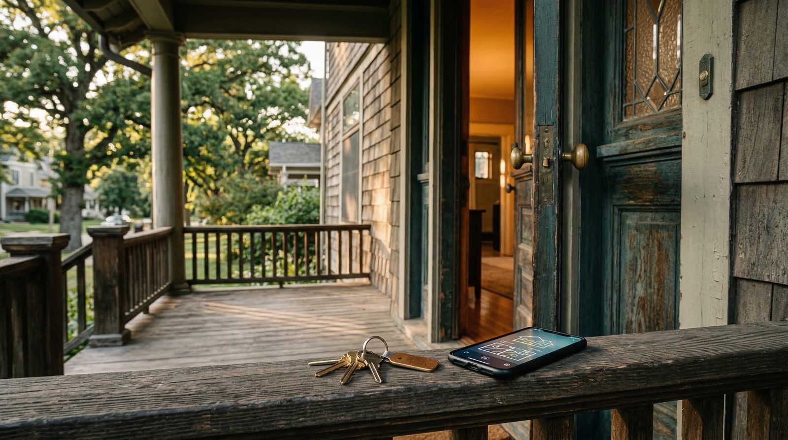 Historic Beaverdale home interior with original hardwood floors, arched doorways, and stone fireplace