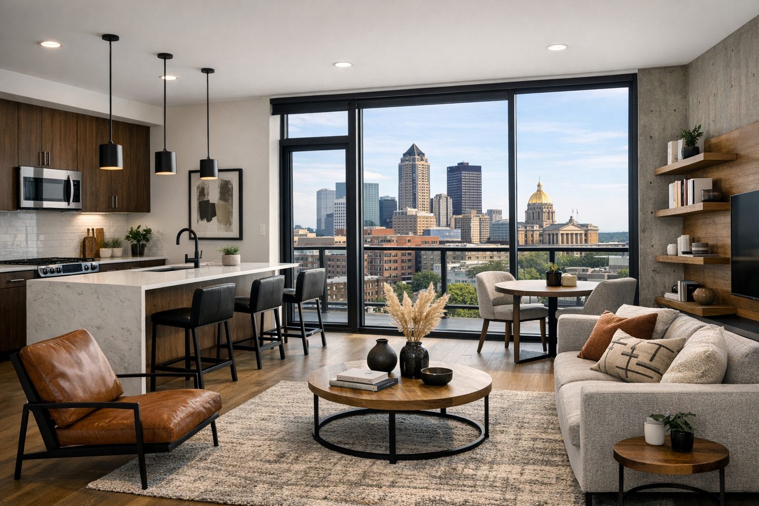 Modern Altoona home kitchen with island seating and stainless appliances - quality homes at affordable prices near Adventureland