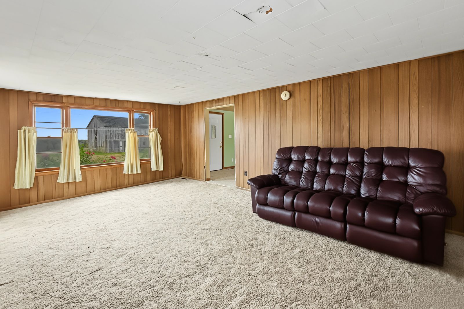 260 County Line Rd, Runnells — Living room with wood paneling and country views