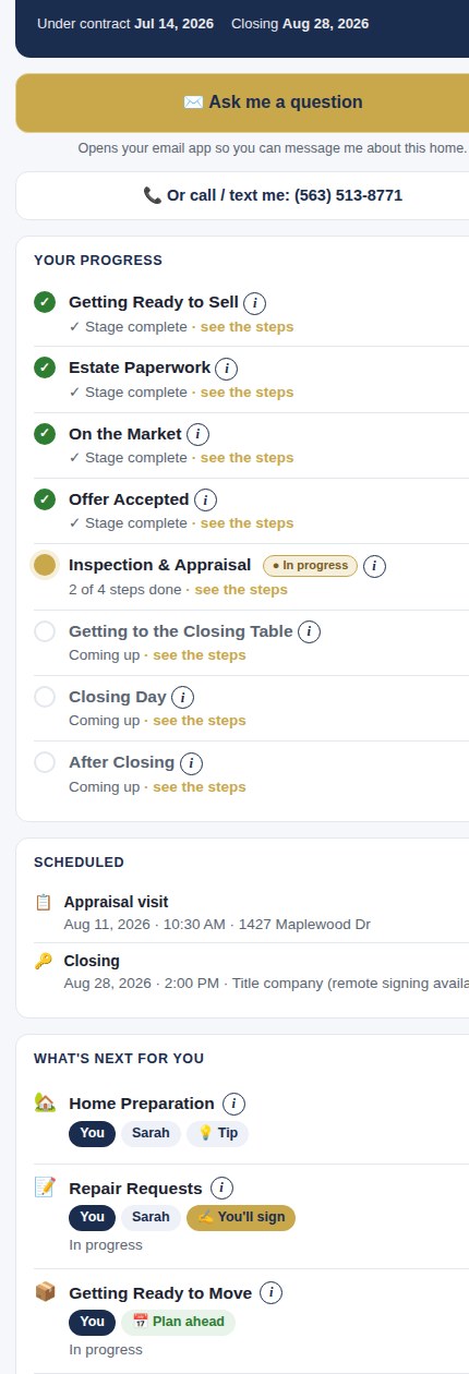 Client portal progress view on a phone: completed stages with checkmarks and current in-progress step