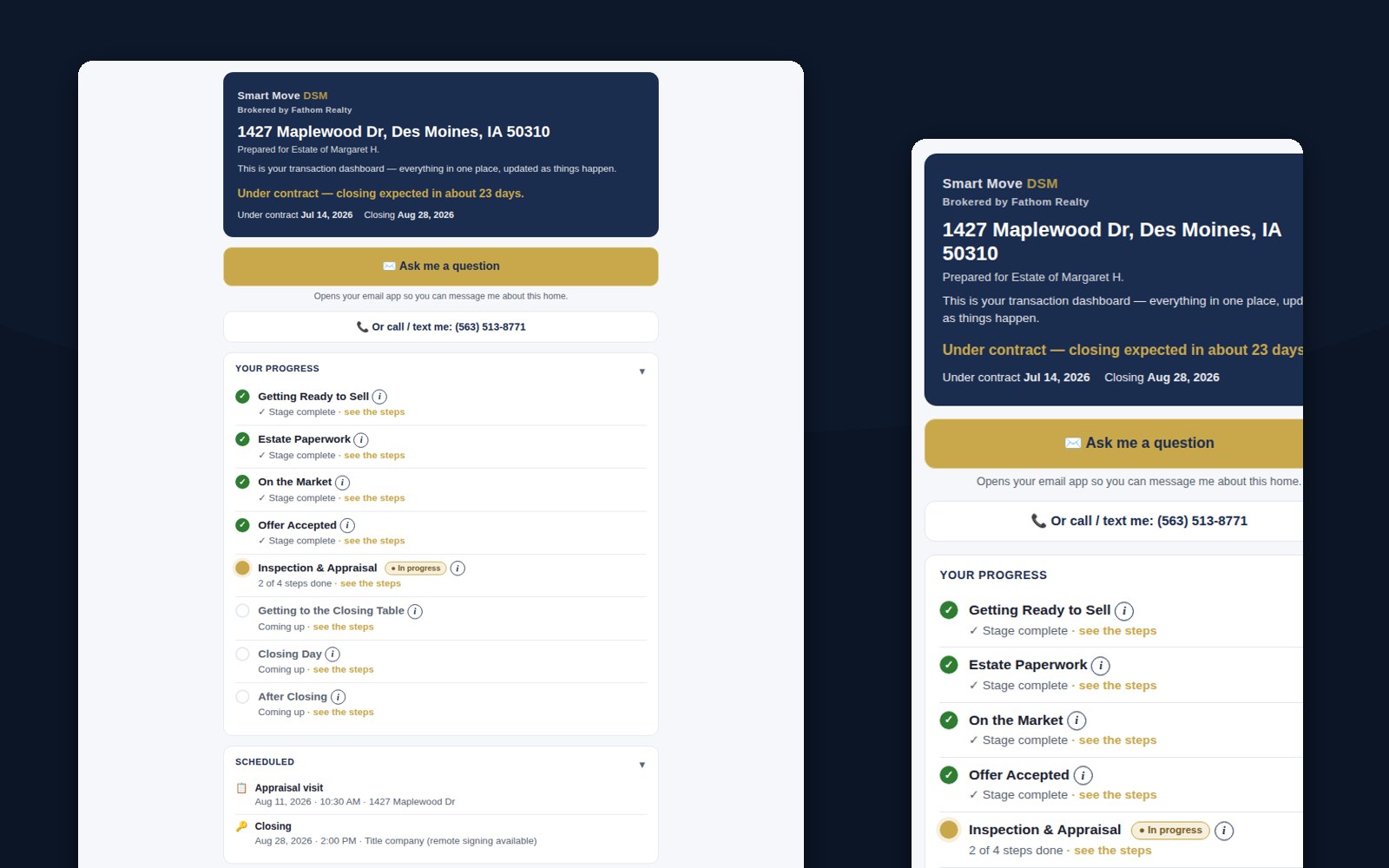 Smart Move Des Moines client portal shown on desktop and mobile: live transaction timeline, scheduled events, and next steps